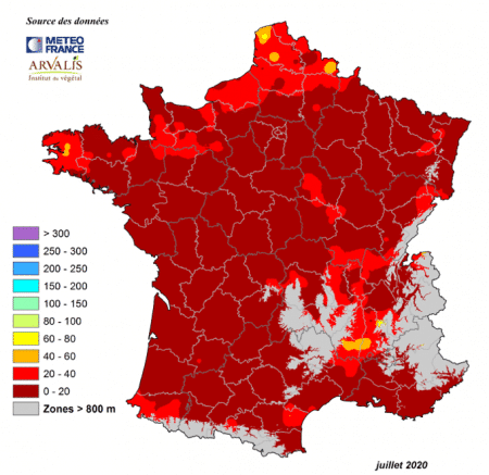 carte France du cumul précipitations juillet 2020