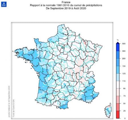carte FR rapport normale 1981-2010 cumul précipitations 09-2019 08-2020
