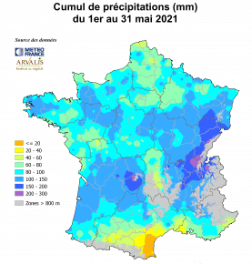 Carte de France avec la pluviométrie de mai 2021