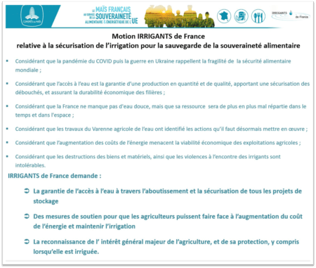 motion présentée à l'assemblée Irrigants de France 2022